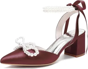 Closed Toe Pearl Block Heels Satin Wedding Shoes for Bride Low Heels with Bow Ankle Strap Bridal Shoes Chunky Slingback Heels Pumps for Women