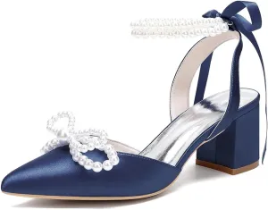 Closed Toe Pearl Block Heels Satin Wedding Shoes for Bride Low Heels with Bow Ankle Strap Bridal Shoes Chunky Slingback Heels Pumps for Women