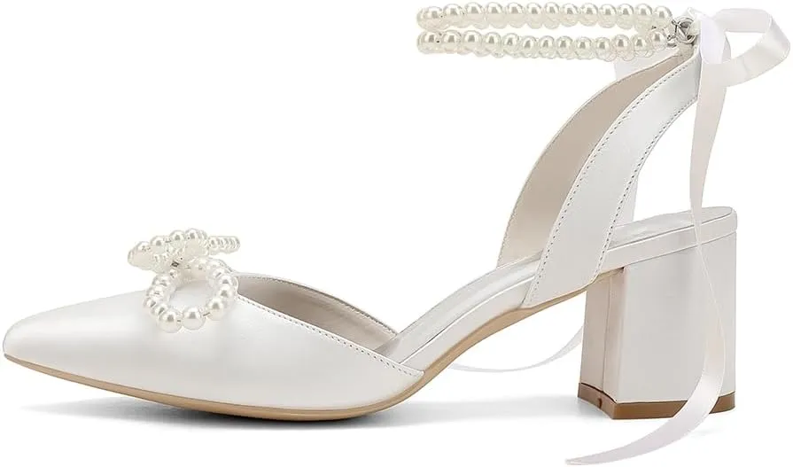 Closed Toe Pearl Block Heels Satin Wedding Shoes for Bride Low Heels with Bow Ankle Strap Bridal Shoes Chunky Slingback Heels Pumps for Women