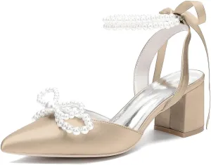 Closed Toe Pearl Block Heels Satin Wedding Shoes for Bride Low Heels with Bow Ankle Strap Bridal Shoes Chunky Slingback Heels Pumps for Women