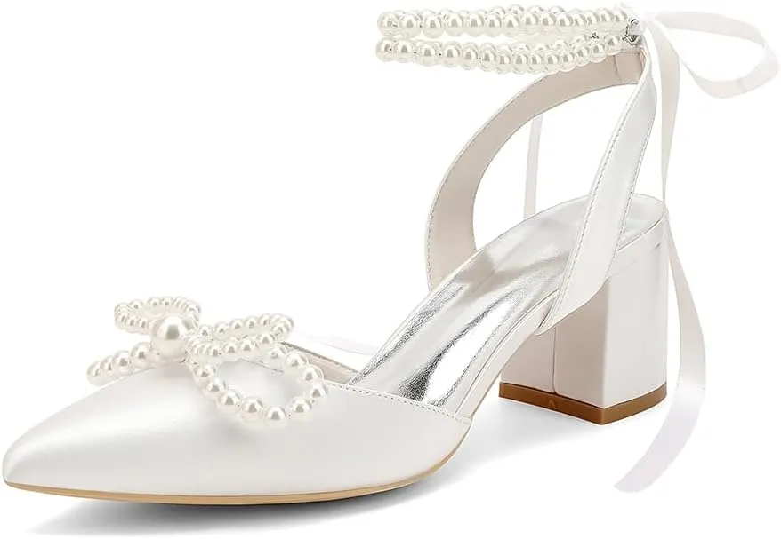Closed Toe Pearl Block Heels Satin Wedding Shoes for Bride Low Heels with Bow Ankle Strap Bridal Shoes Chunky Slingback Heels Pumps for Women