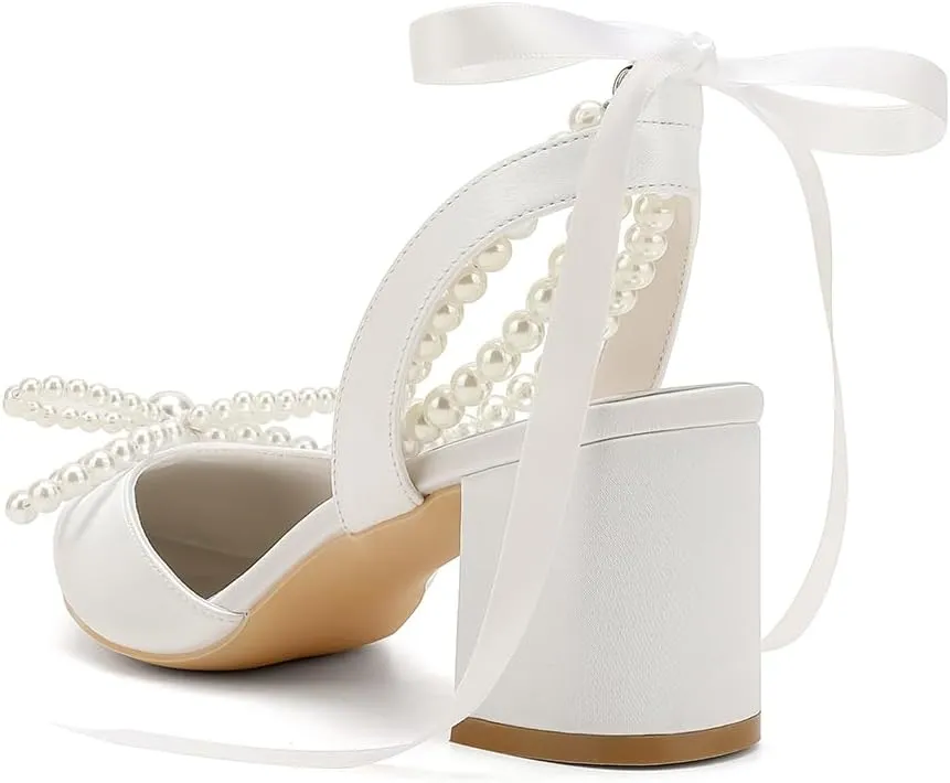 Closed Toe Pearl Block Heels Satin Wedding Shoes for Bride Low Heels with Bow Ankle Strap Bridal Shoes Chunky Slingback Heels Pumps for Women