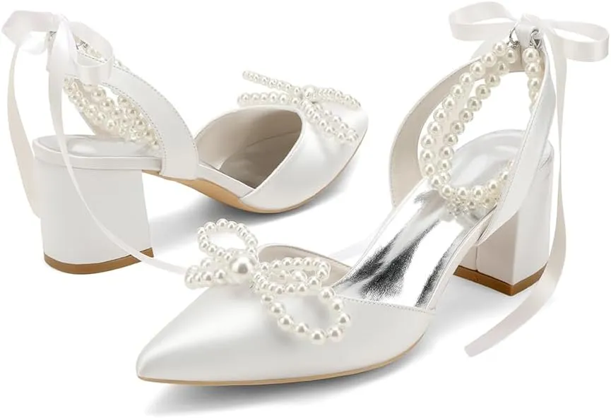 Closed Toe Pearl Block Heels Satin Wedding Shoes for Bride Low Heels with Bow Ankle Strap Bridal Shoes Chunky Slingback Heels Pumps for Women