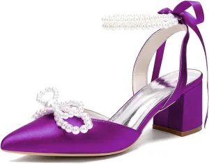 Closed Toe Pearl Block Heels Satin Wedding Shoes for Bride Low Heels with Bow Ankle Strap Bridal Shoes Chunky Slingback Heels Pumps for Women