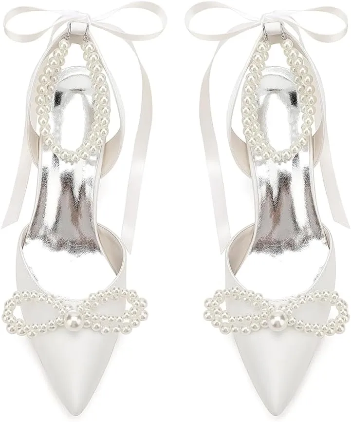 Closed Toe Pearl Block Heels Satin Wedding Shoes for Bride Low Heels with Bow Ankle Strap Bridal Shoes Chunky Slingback Heels Pumps for Women