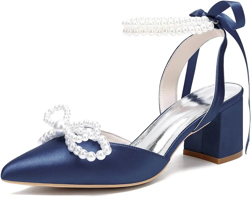 Closed Toe Pearl Block Heels Satin Wedding Shoes for Bride Low Heels with Bow Ankle Strap Bridal Shoes Chunky Slingback Heels Pumps for Women
