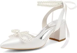 Closed Toe Pearl Block Heels Satin Wedding Shoes for Bride Low Heels with Bow Ankle Strap Bridal Shoes Chunky Slingback Heels Pumps for Women