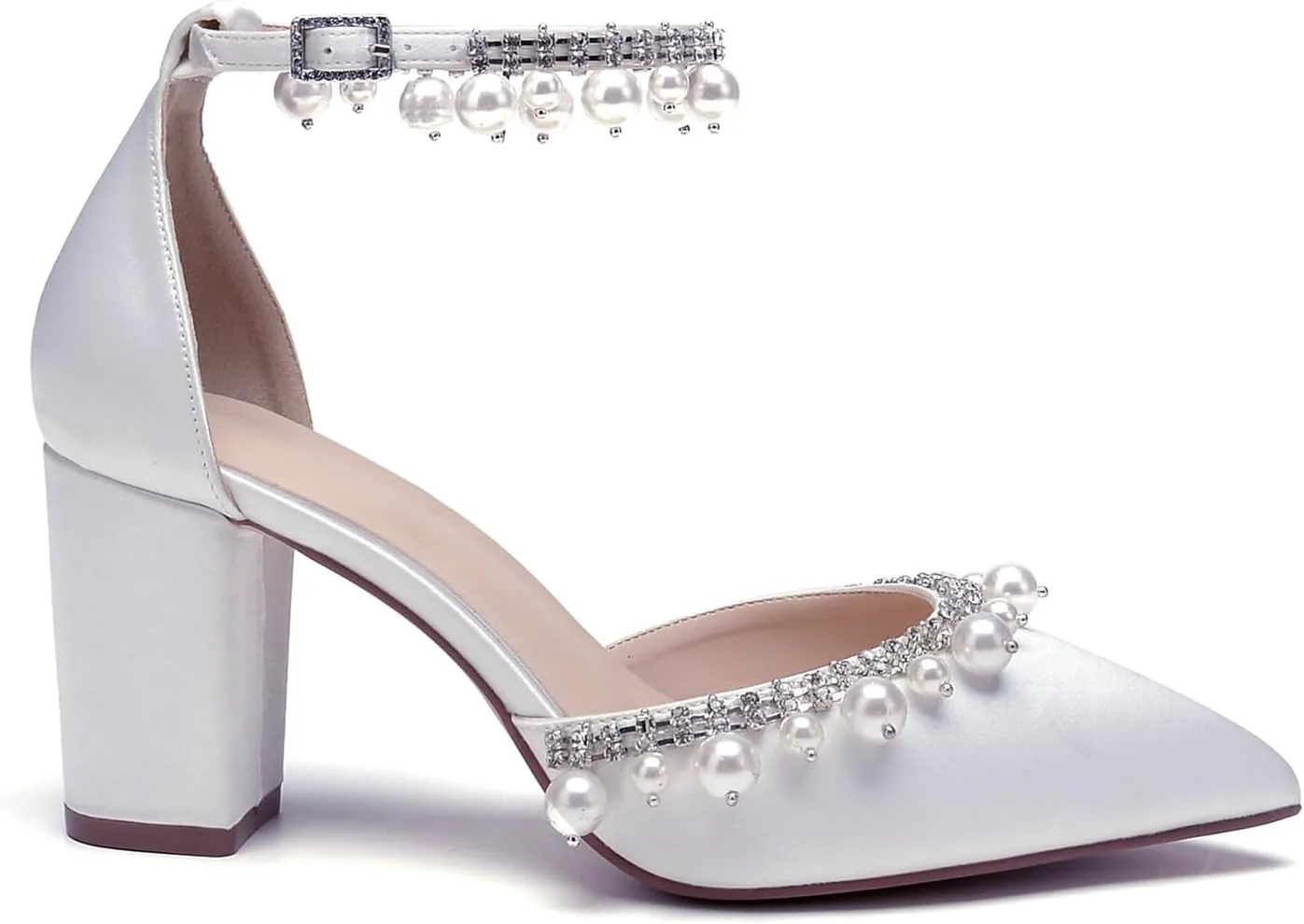 Closed Toe Pearl Wedding Shoes for Bride High Heels Ankle Strap Strappy Block Heels Bridal Shoes Satin Shoes Pumps