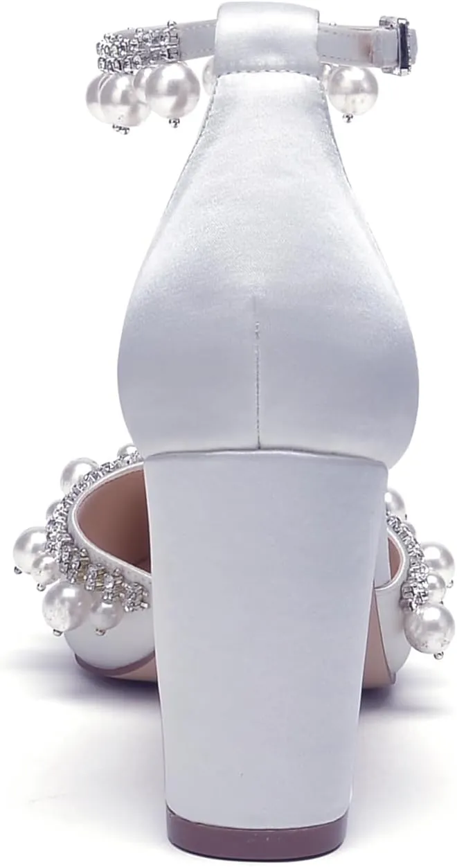 Closed Toe Pearl Wedding Shoes for Bride High Heels Ankle Strap Strappy Block Heels Bridal Shoes Satin Shoes Pumps
