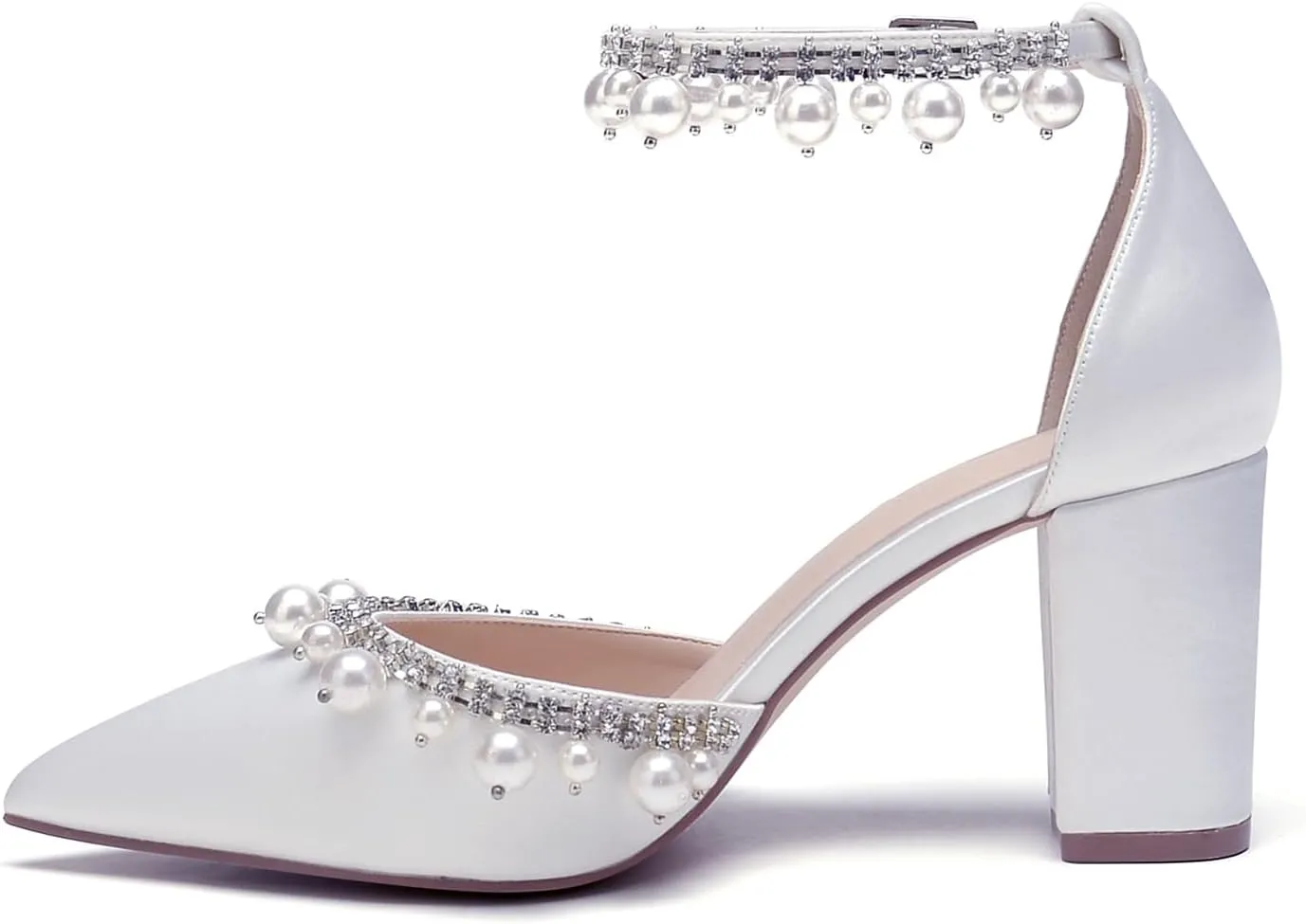 Closed Toe Pearl Wedding Shoes for Bride High Heels Ankle Strap Strappy Block Heels Bridal Shoes Satin Shoes Pumps