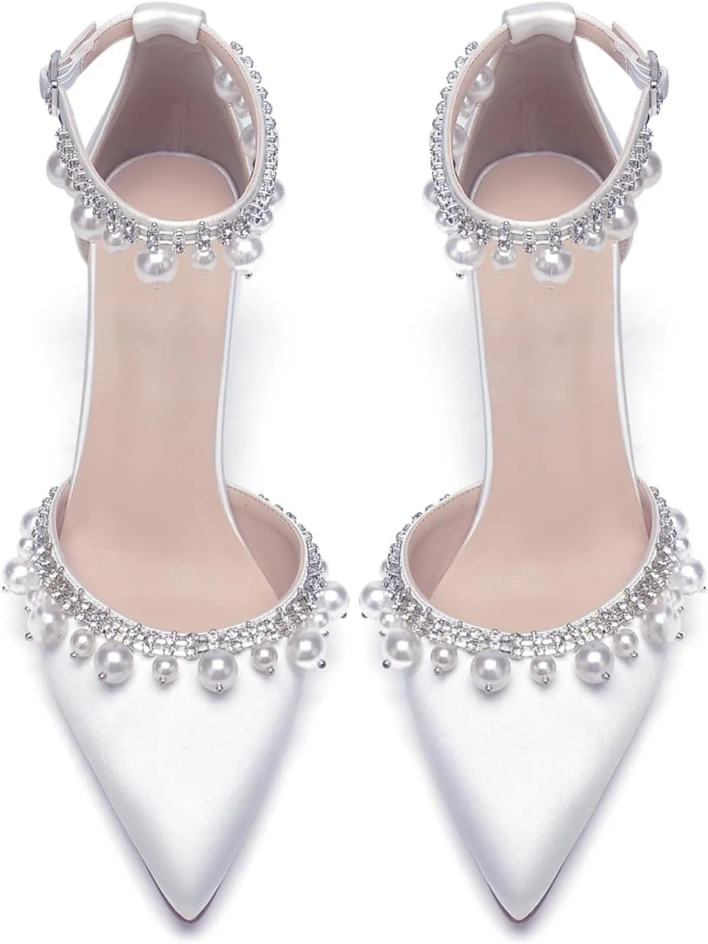 Closed Toe Pearl Wedding Shoes for Bride High Heels Ankle Strap Strappy Block Heels Bridal Shoes Satin Shoes Pumps