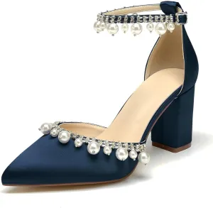 Closed Toe Pearl Wedding Shoes for Bride High Heels Ankle Strap Strappy Block Heels Bridal Shoes Satin Shoes Pumps