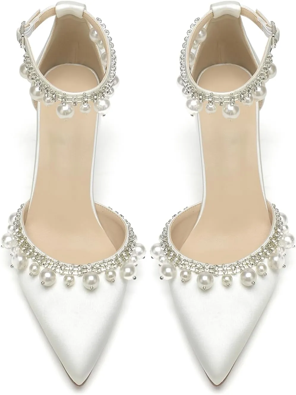Closed Toe Pearl Wedding Shoes for Bride High Heels Ankle Strap Strappy Block Heels Bridal Shoes Satin Shoes Pumps