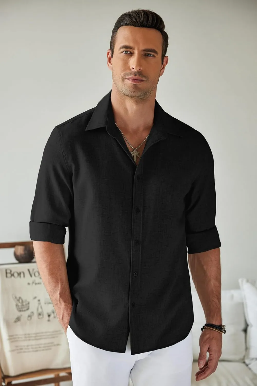 COOFANDY Men's Casual Button Down Shirt Long Sleeve Untucked Chambray Shirt Wrinkle Free Dress Shirts