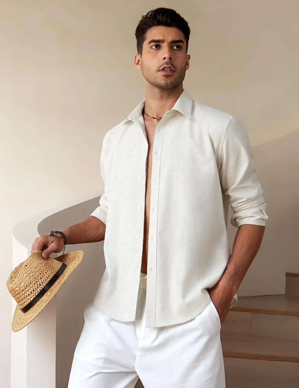 COOFANDY Men's Linen Casual Long Sleeve Shirts Button Down Summer Beach Shirt