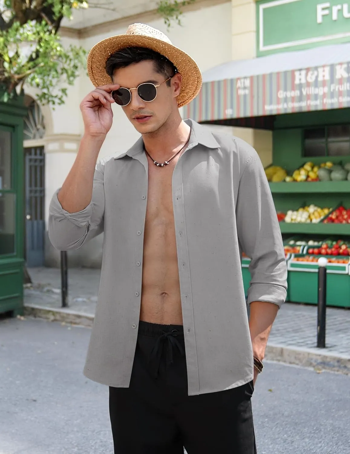 COOFANDY Men's Linen Casual Long Sleeve Shirts Button Down Summer Beach Shirt
