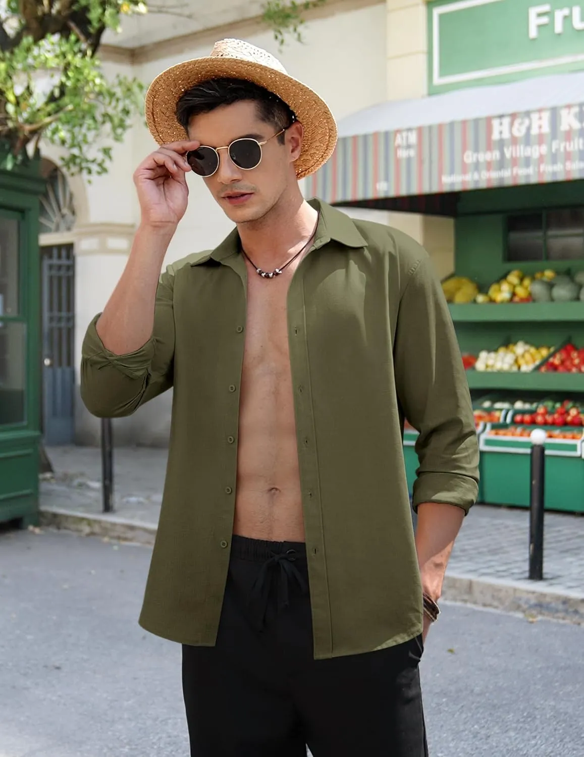 COOFANDY Men's Linen Casual Long Sleeve Shirts Button Down Summer Beach Shirt