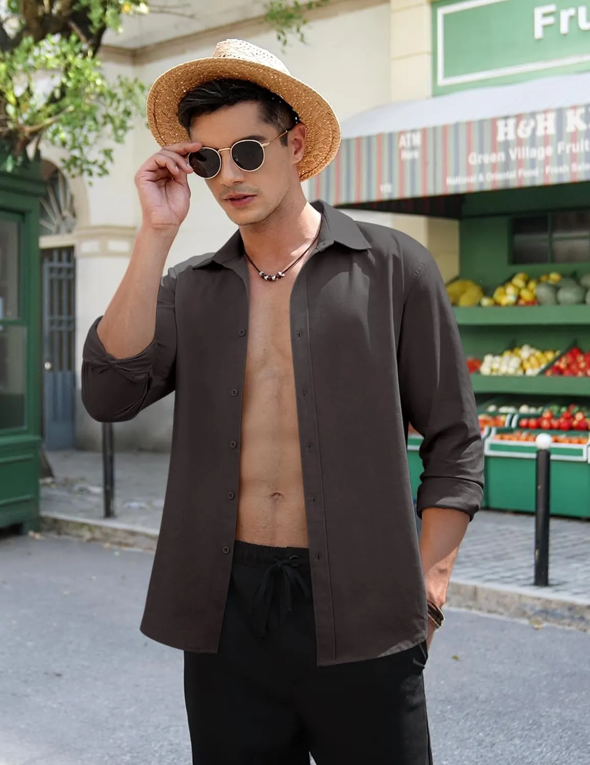 COOFANDY Men's Linen Casual Long Sleeve Shirts Button Down Summer Beach Shirt