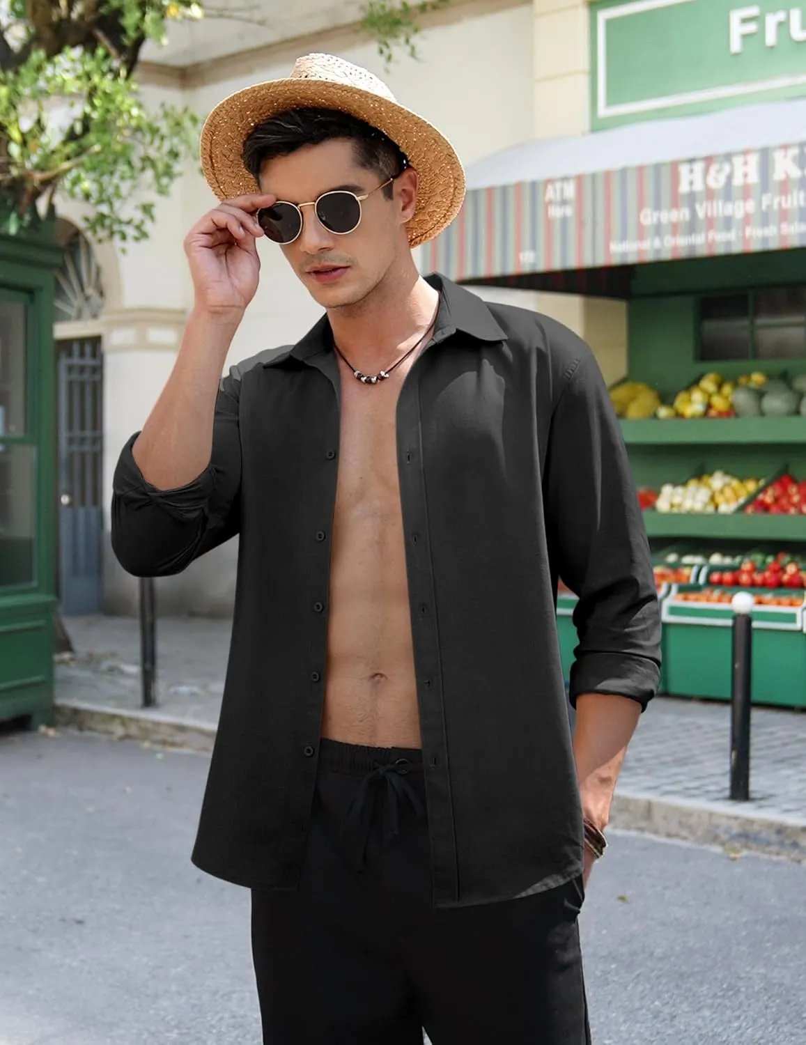 COOFANDY Men's Linen Casual Long Sleeve Shirts Button Down Summer Beach Shirt