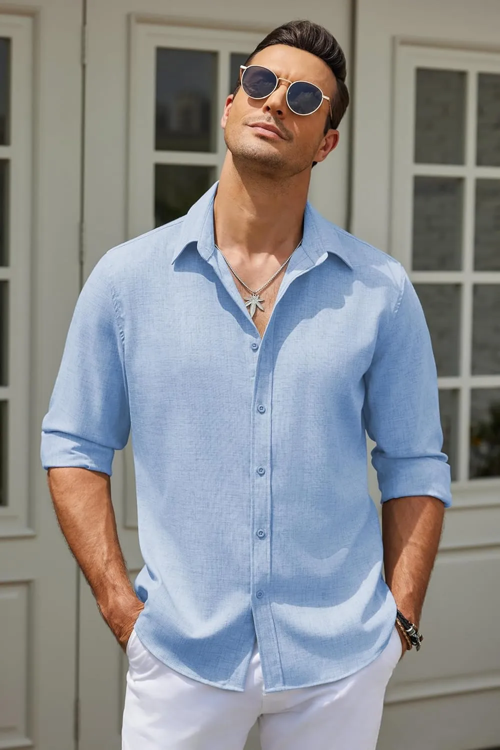 COOFANDY Men's Long Sleeve Button Down Linen Shirt Casual Untucked Chambray Shirt Wrinkle Free Wedding Shirts