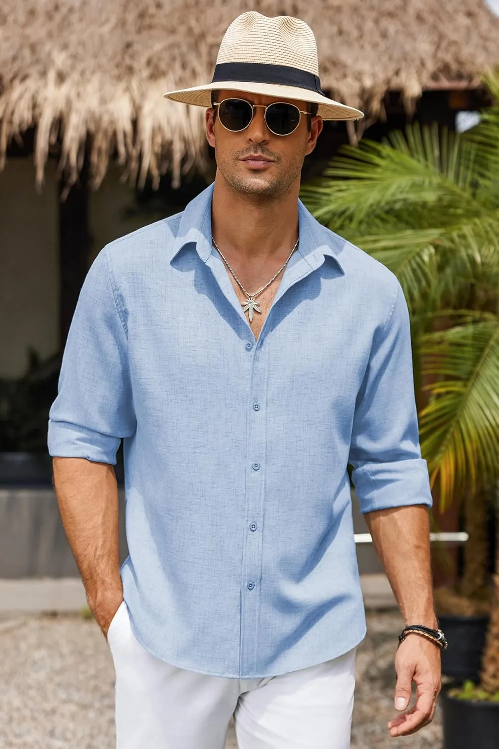 COOFANDY Men's Long Sleeve Button Down Linen Shirt Casual Untucked Chambray Shirt Wrinkle Free Wedding Shirts