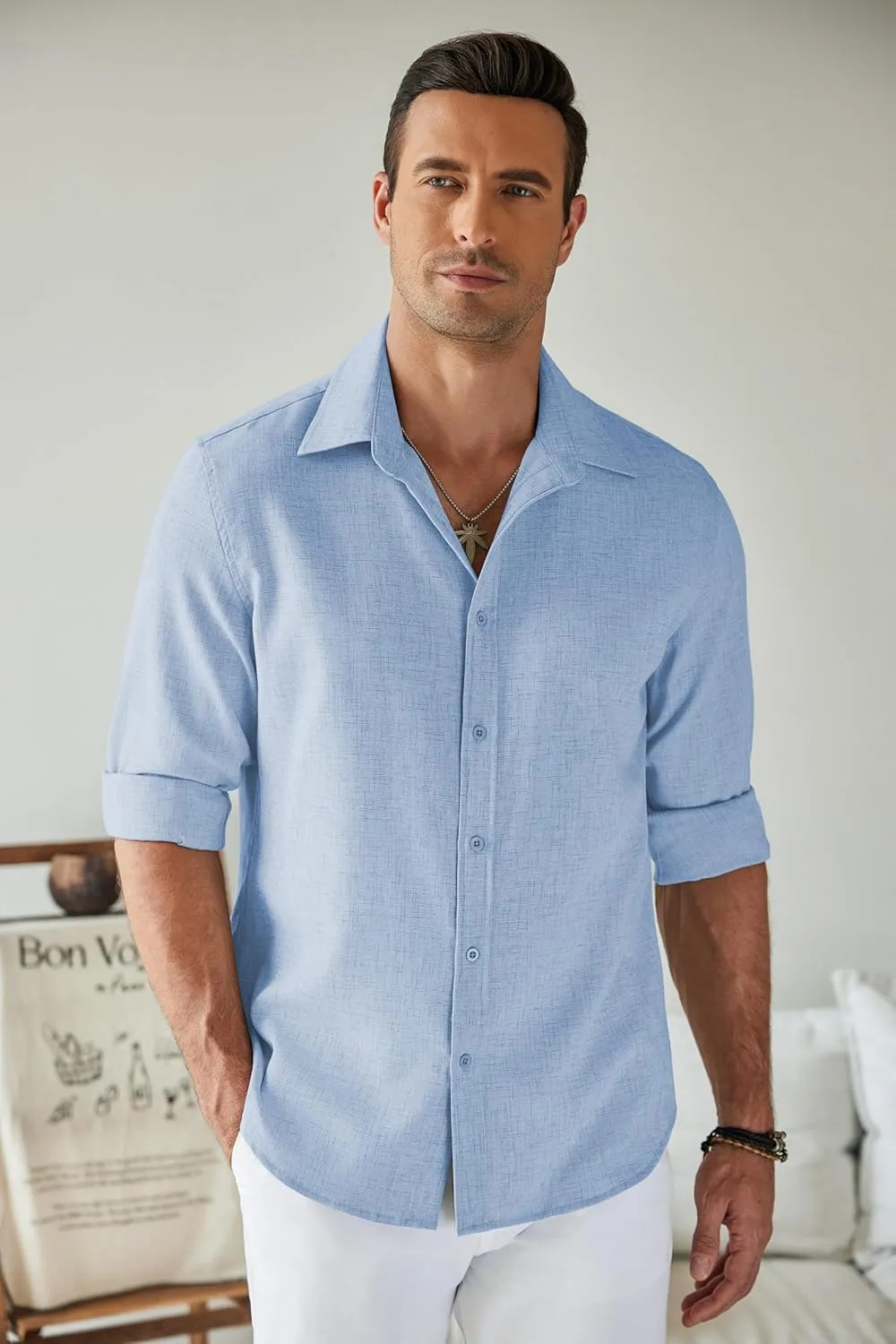COOFANDY Men's Long Sleeve Button Down Linen Shirt Casual Untucked Chambray Shirt Wrinkle Free Wedding Shirts