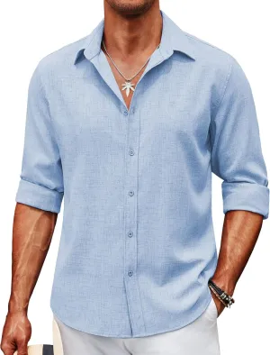 COOFANDY Men's Long Sleeve Button Down Linen Shirt Casual Untucked Chambray Shirt Wrinkle Free Wedding Shirts