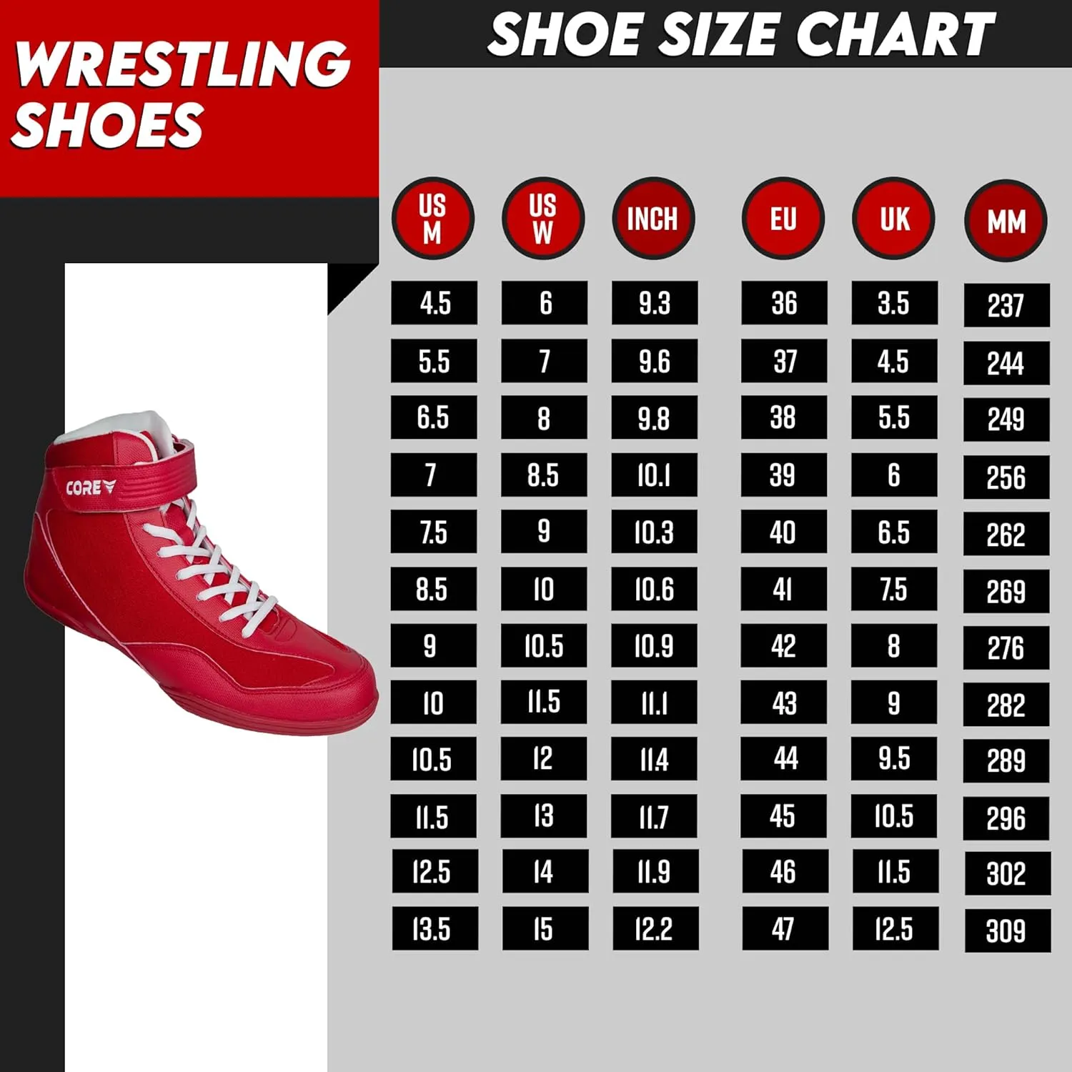 CORE Wrestling Shoes – High Traction Wrestling Shoes for Men, Women, Youth & Kids - Durable Shoes for Wrestling, Boxing, Weightlifting & Bodybuilding – Combat Sports Footwear, Lightweight Gym Shoes