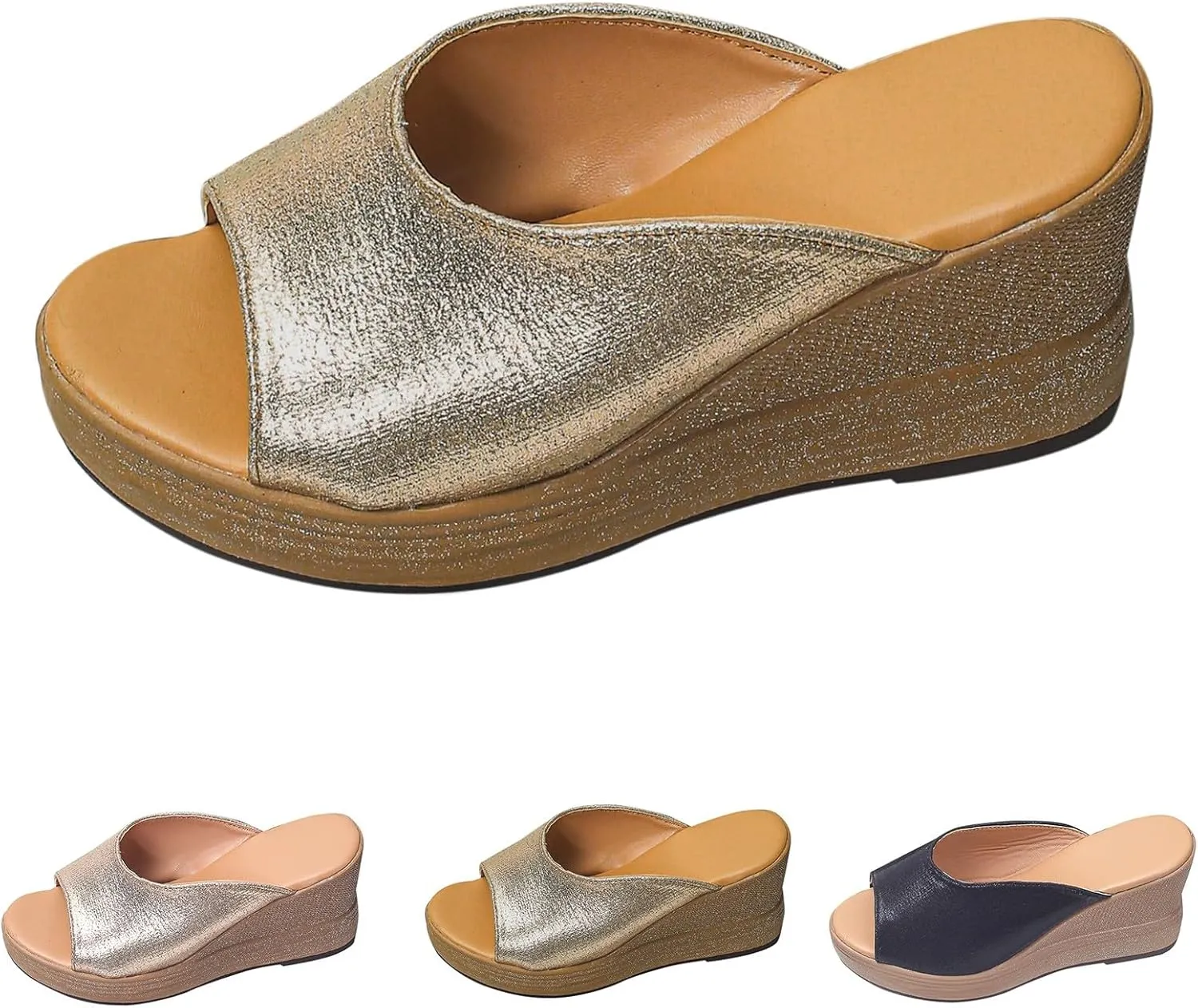 Cork Platform Sandals For Women Dressy Open Toe Wedge Sandals Summer Slip On Backless Beach Slides Trendy Wide Width Fish Mouth House Slippers