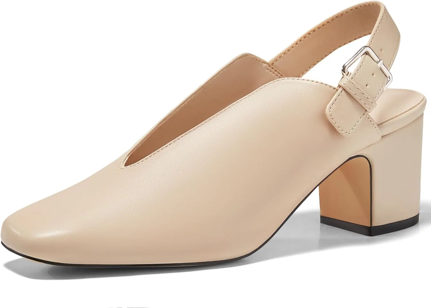 Coutgo Womens Chunky Block Slingback Heels Closed Square Toe V Cut Metal Buckle Comfortable Office Dress Pumps Shoes