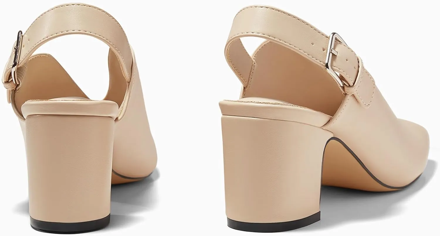 Coutgo Womens Chunky Block Slingback Heels Closed Square Toe V Cut Metal Buckle Comfortable Office Dress Pumps Shoes