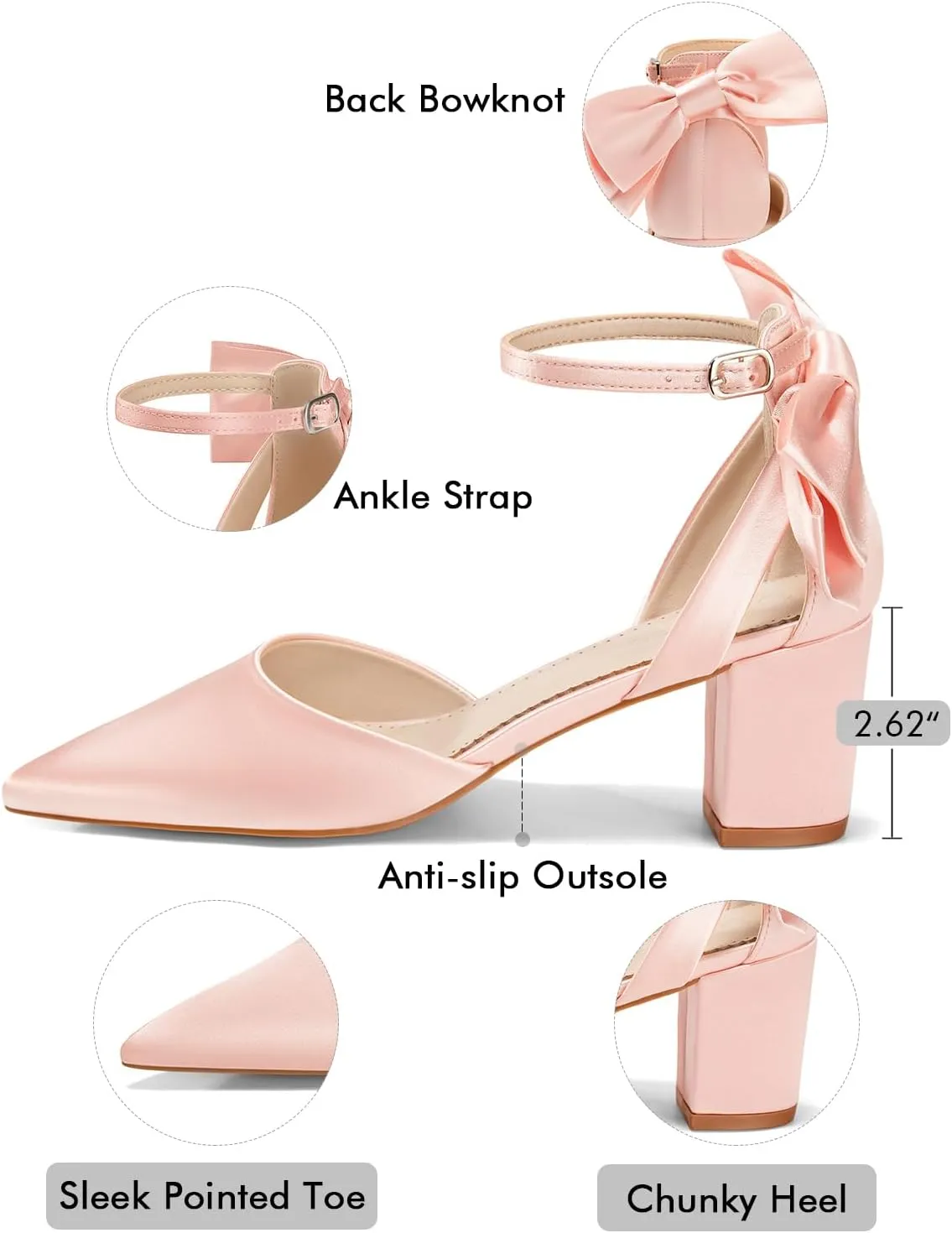 Coutgo Womens Chunky Heels Low Heel Ankle Strap D'Orsay Pumps Closed Pointed Toe Wedding Bridal Shoes