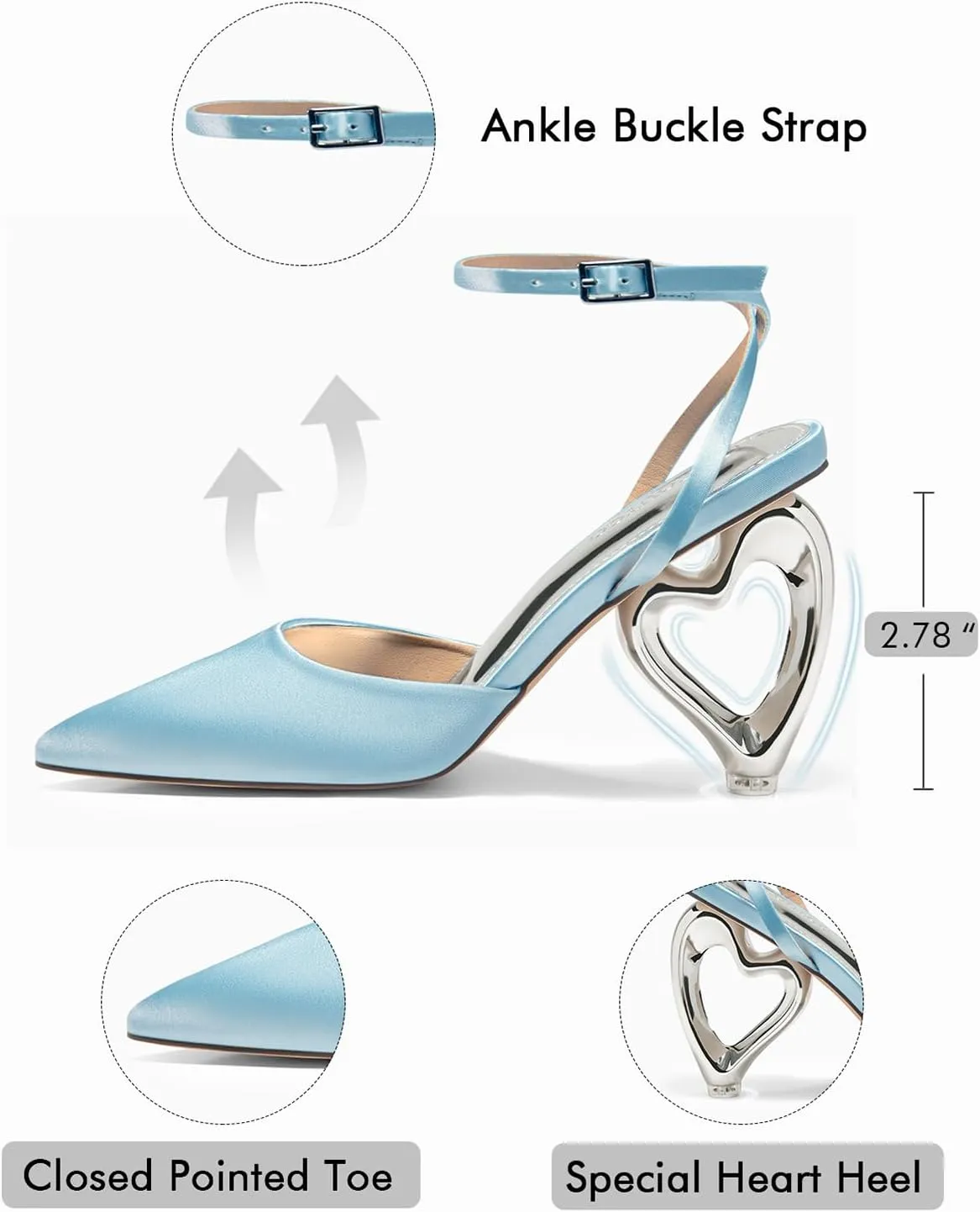 Coutgo Womens Kitten Heels Closed Pointed Toe Heart Heel Ankle Strap Satin Pumps Wedding Prom Dress Shoes