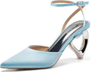 Coutgo Womens Kitten Heels Closed Pointed Toe Heart Heel Ankle Strap Satin Pumps Wedding Prom Dress Shoes