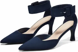 Coutgo Womens Kitten Low Heels Closed Pointed Toe Ankle Buckle Strap Pumps Suede Dress Wedding Shoes