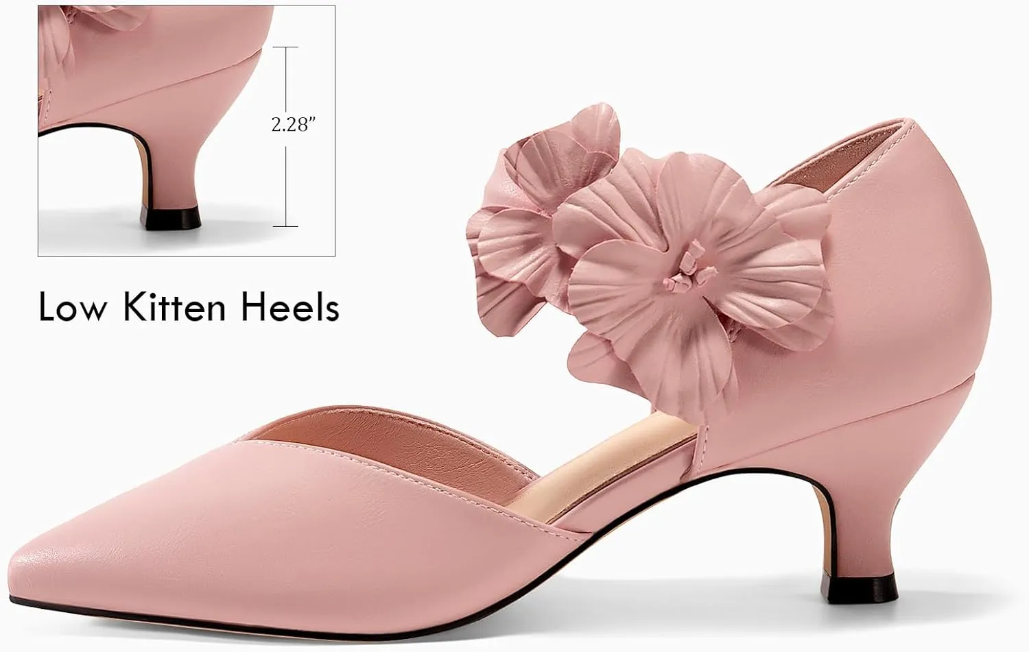 Coutgo Womens Low Kitten Heels Dressy Shoes Comfortable Closed Toe Flower Slip on Formal Party Dance Heeled Pumps