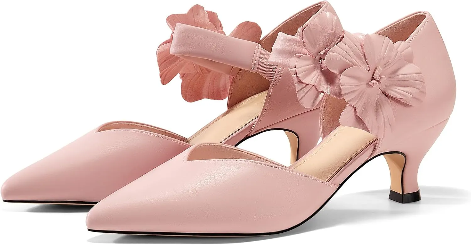 Coutgo Womens Low Kitten Heels Dressy Shoes Comfortable Closed Toe Flower Slip on Formal Party Dance Heeled Pumps