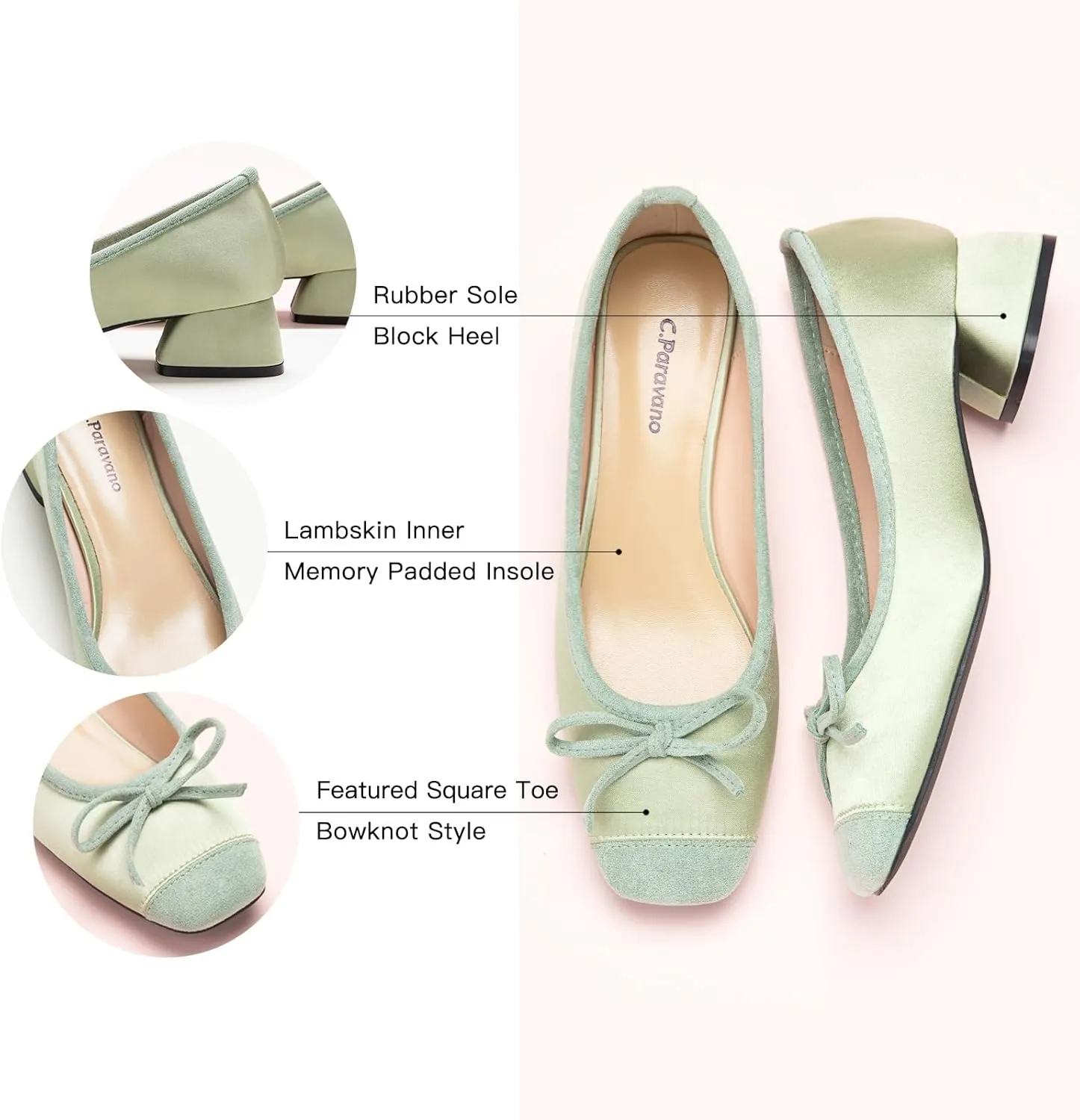C.Paravano Women's Pump | Square Toe Low Block Heels | Closed Toe Chunky Heels | Leather Low Heel Pumps | Dress Wedding Shoes