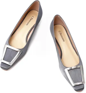 C.Paravano Women's Pumps Square Toe Low Heels Trapezoid Metal Buckle Closed Chunky Heel Dress Shoes Soft Leather Low Block Heels for Casual Outfits Satin(Darkgrey,9.5)