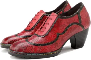 CrazycatZ Leather Pumps,Womens Colorful Vintage Block Heel Oxford Vintage Shoes Pumps