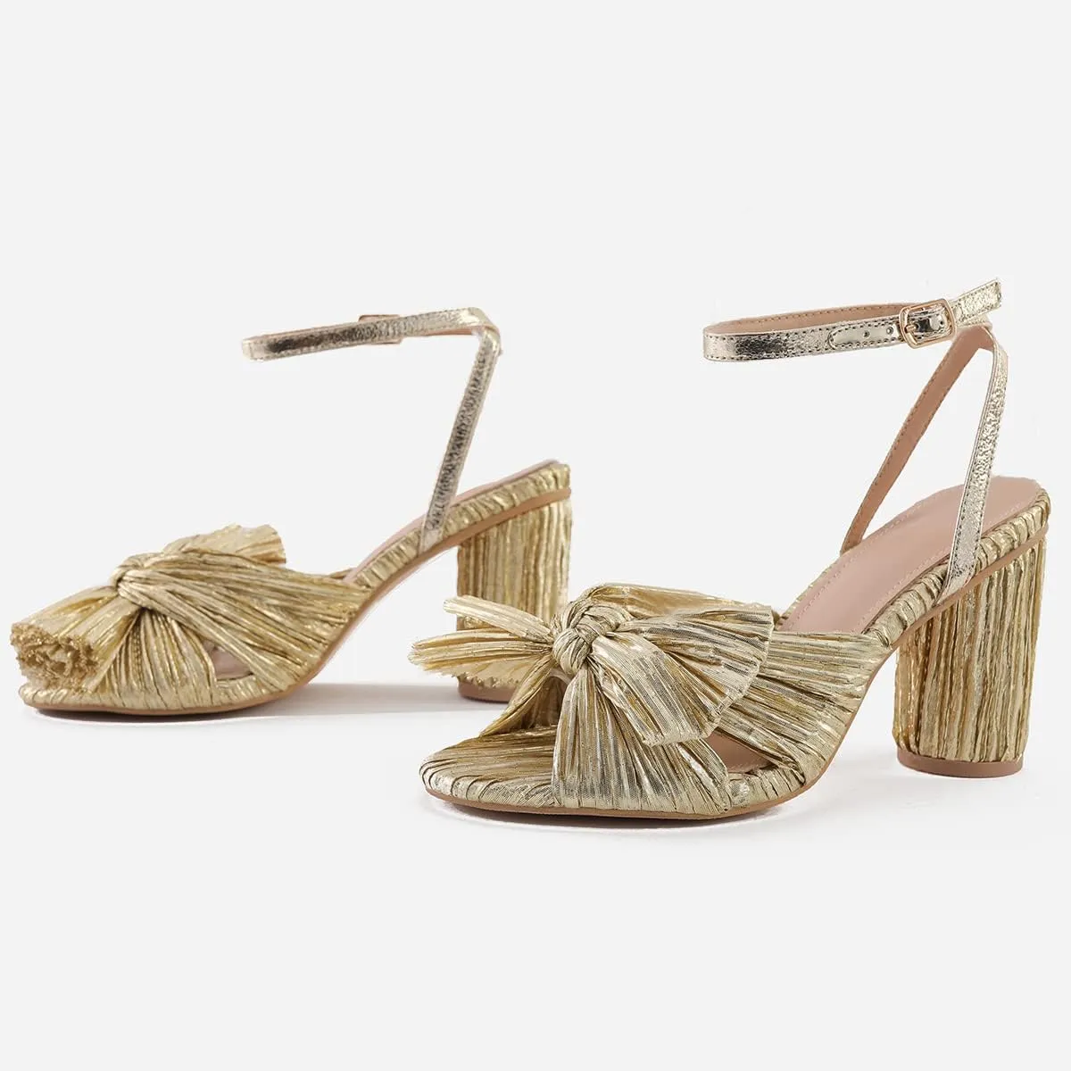 CrazycatZ Womens Chunky Heel Sandals Pleated Bow Heel Sandals Wedding Shoes