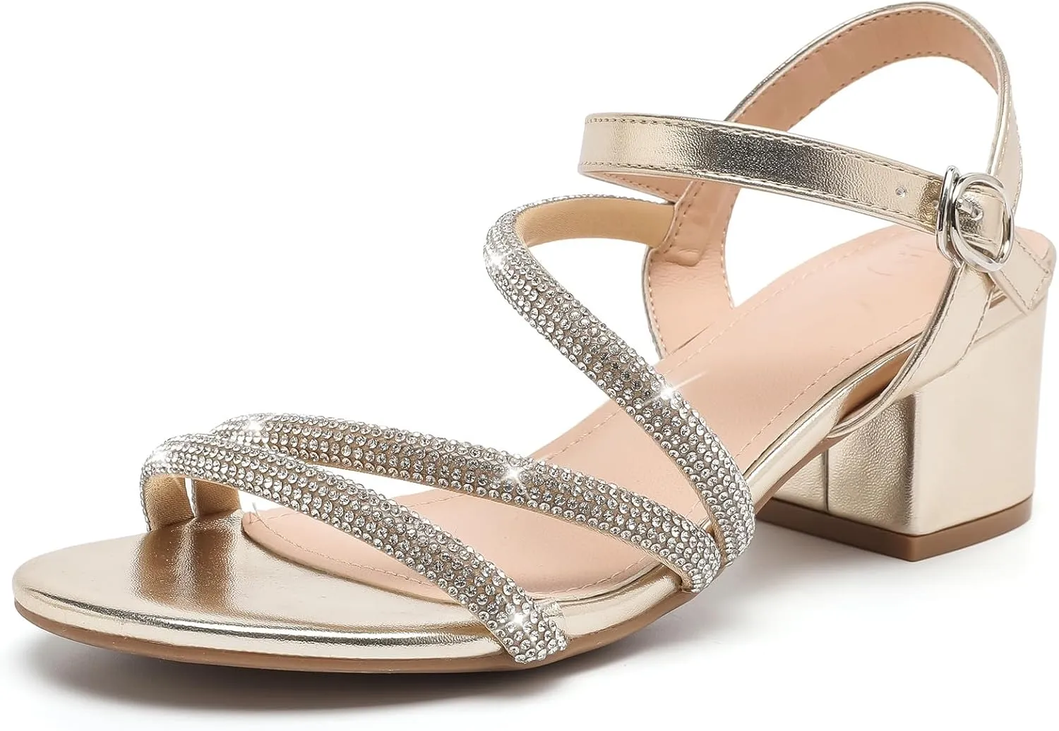 DADAWEN Women's Strappy Open Toe Rhinestone Low Block Chunky Heels Sandals Ankle Buckle Heeled Sandals Wedding Party Dress Pumps Shoes