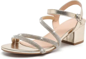 DADAWEN Women's Strappy Open Toe Rhinestone Low Block Chunky Heels Sandals Ankle Buckle Heeled Sandals Wedding Party Dress Pumps Shoes