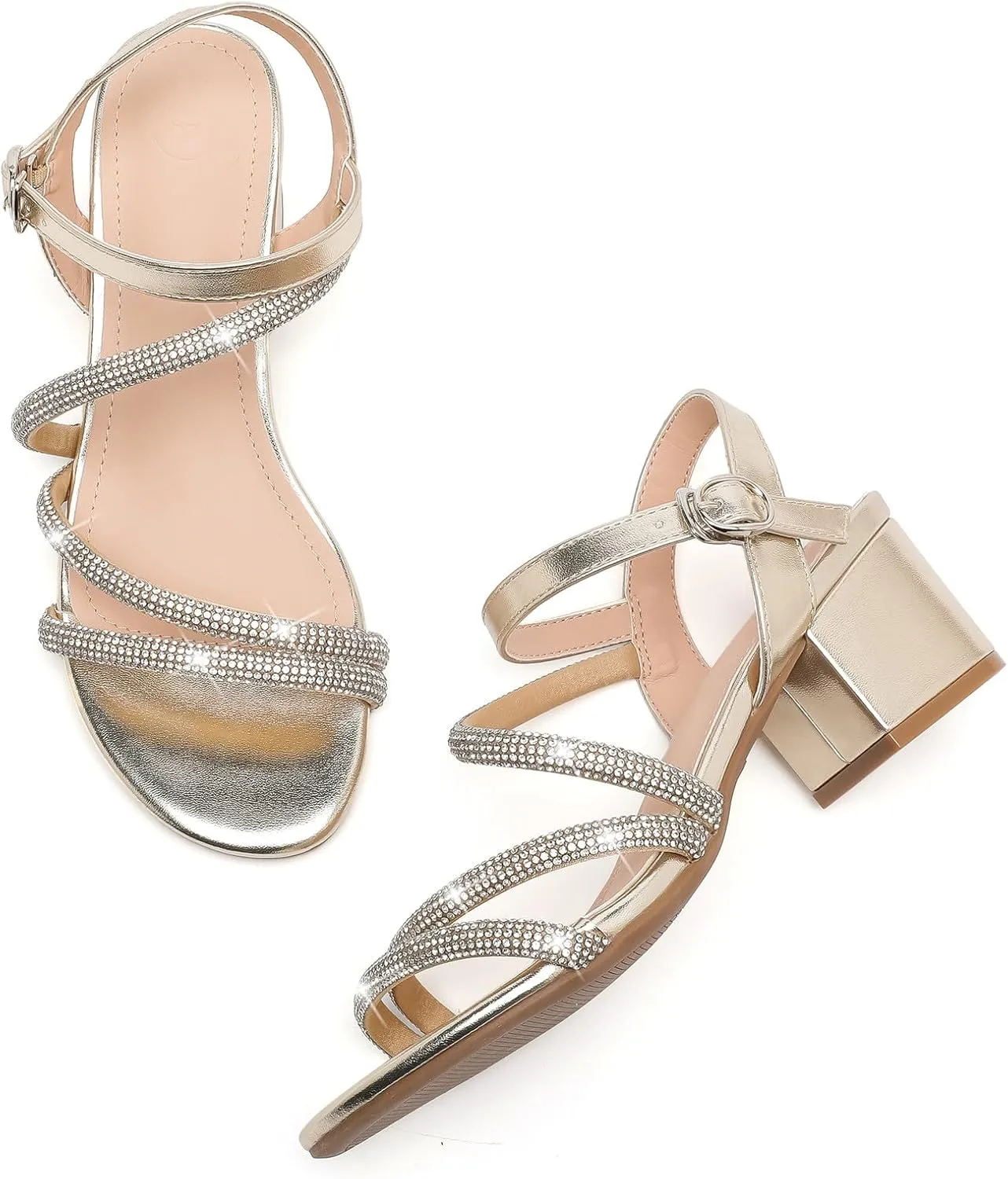 DADAWEN Women's Strappy Open Toe Rhinestone Low Block Chunky Heels Sandals Ankle Buckle Heeled Sandals Wedding Party Dress Pumps Shoes