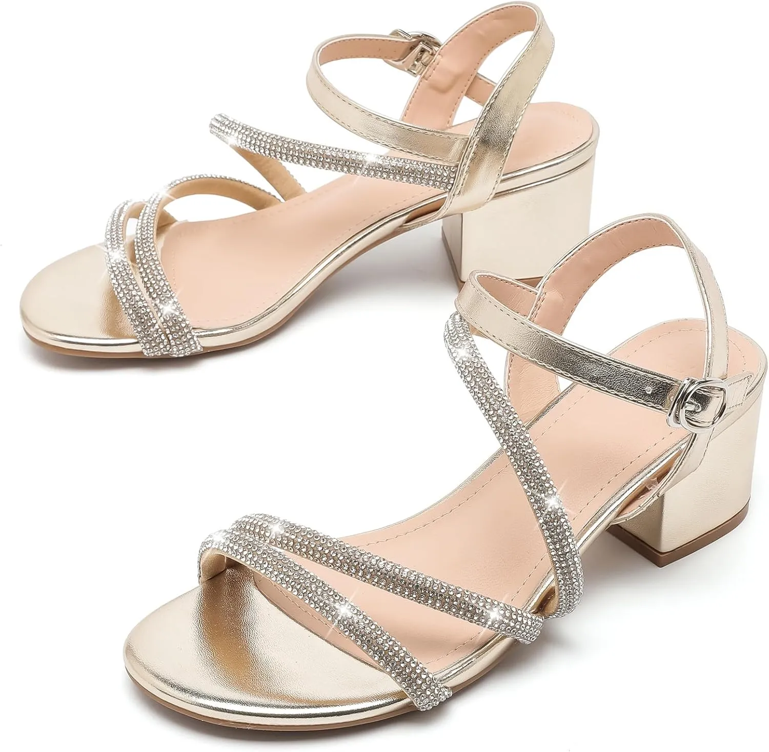 DADAWEN Women's Strappy Open Toe Rhinestone Low Block Chunky Heels Sandals Ankle Buckle Heeled Sandals Wedding Party Dress Pumps Shoes