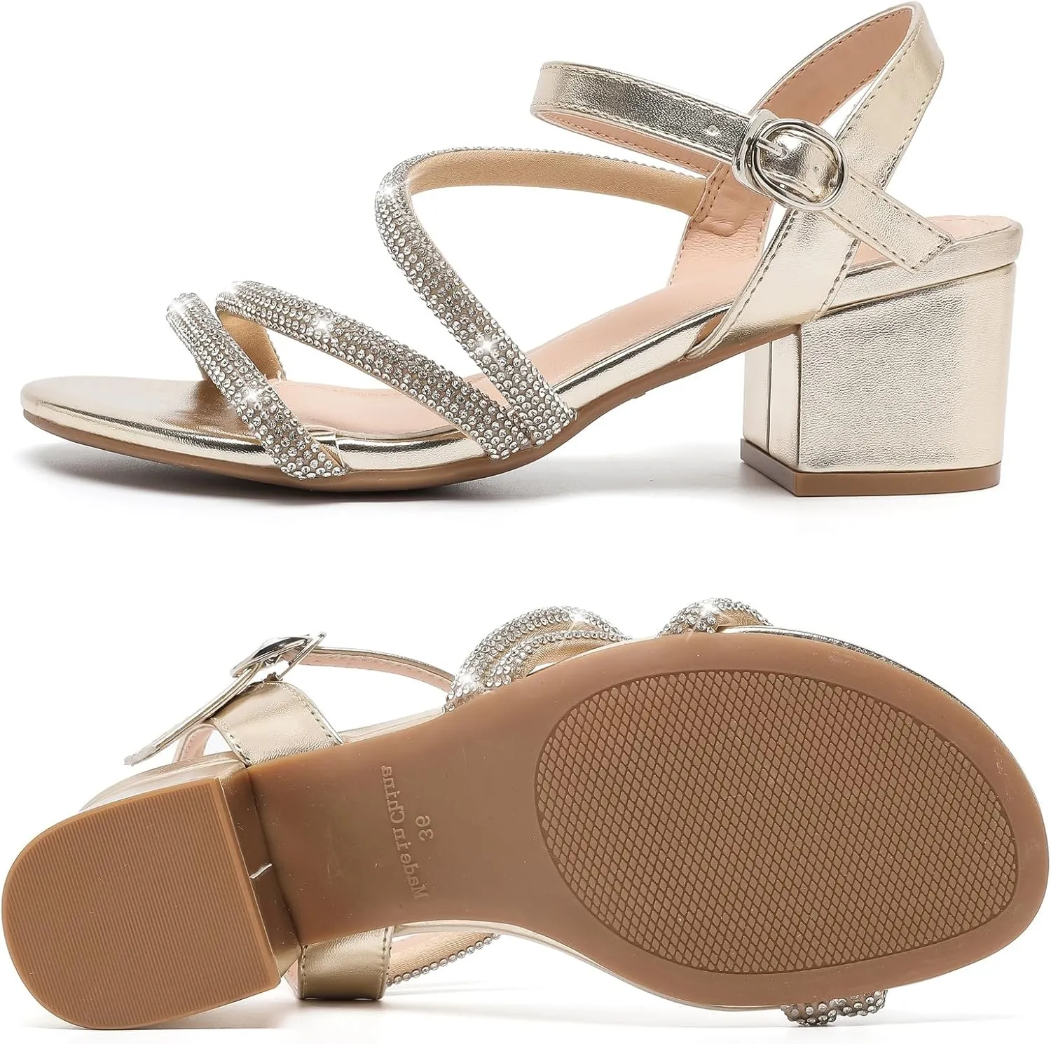 DADAWEN Women's Strappy Open Toe Rhinestone Low Block Chunky Heels Sandals Ankle Buckle Heeled Sandals Wedding Party Dress Pumps Shoes
