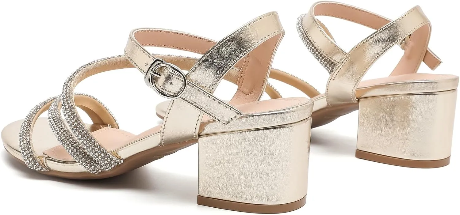DADAWEN Women's Strappy Open Toe Rhinestone Low Block Chunky Heels Sandals Ankle Buckle Heeled Sandals Wedding Party Dress Pumps Shoes