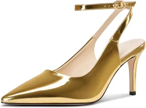 DearOnly Womens Pointed Toe Closed Slingback Stiletto High Heels Ankle Strap Party Pumps Patent Leather Dress Shoes 3.2 Inches Heels