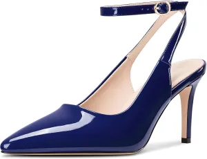 DearOnly Womens Pointed Toe Closed Slingback Stiletto High Heels Ankle Strap Party Pumps Patent Leather Dress Shoes 3.2 Inches Heels