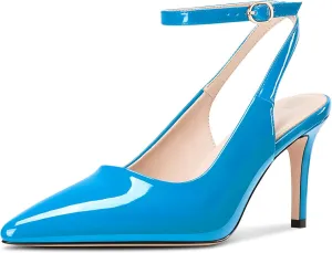 DearOnly Womens Pointed Toe Closed Slingback Stiletto High Heels Ankle Strap Party Pumps Patent Leather Dress Shoes 3.2 Inches Heels
